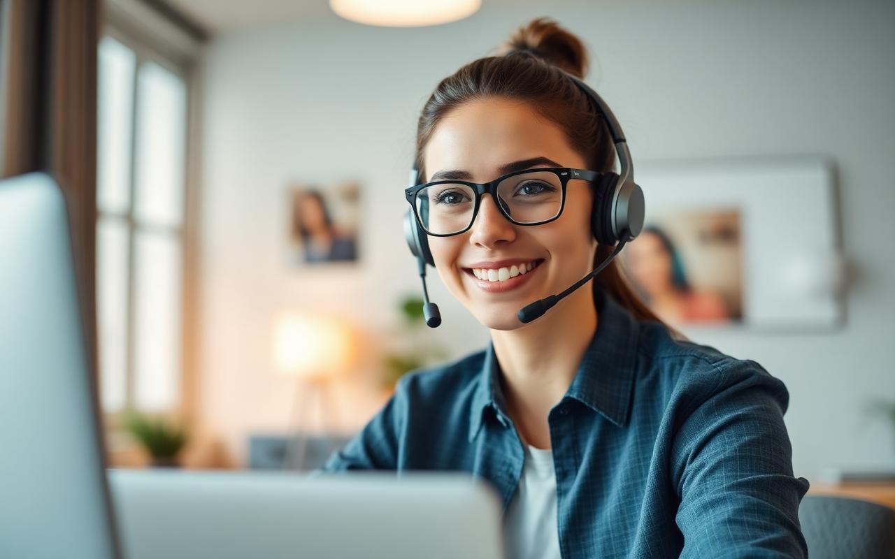 A young high-ticket sales closer smiling on a video call wearing a headset.