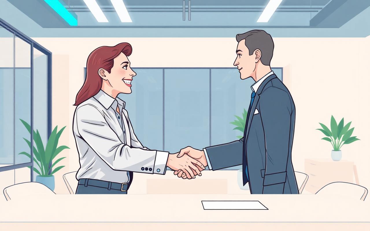 A sales recruiter shaking hands with a vetted commission-only sales rep in a modern office.