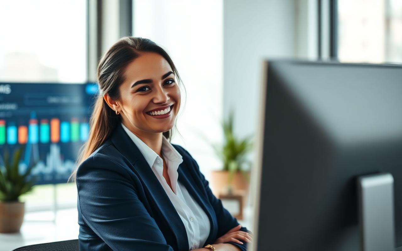 A confident sales professional reviewing pipeline metrics on a monitor.